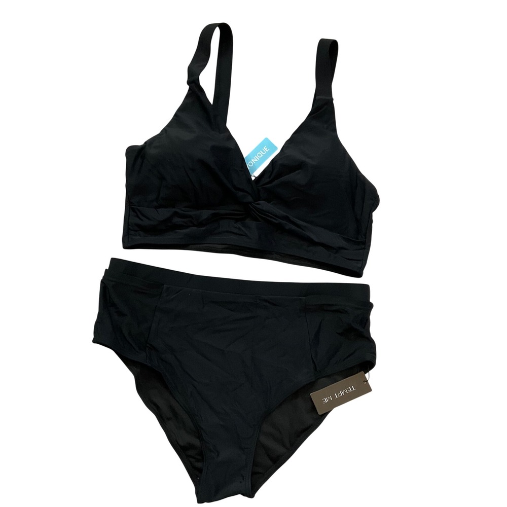 Yonique Tempt Me Black High Waisted Bikini Set Twist Front V-Neck Sz L NWT Chic